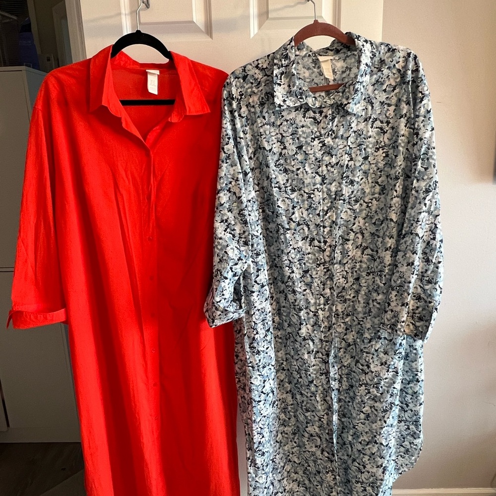 Red and Floral Button-Up Shirt Dresses. Can wear with leggings/shorts white T.
